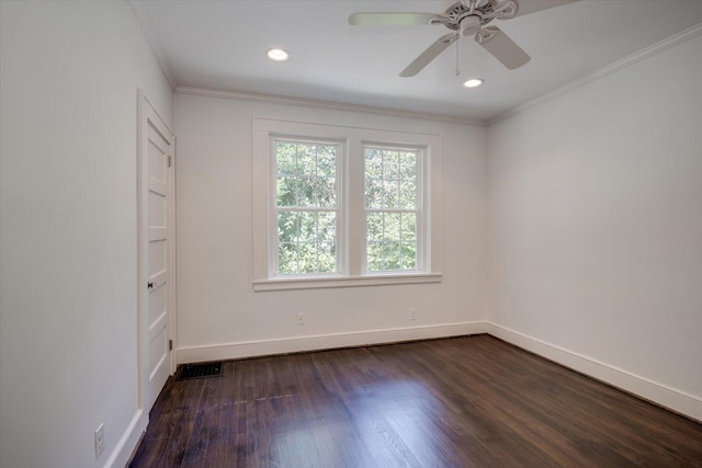 2911 Lombardy Ct, Augusta, GA 30909 - empty room with dark wood-style floors, ornamental molding, ceiling fan, and recessed lighting