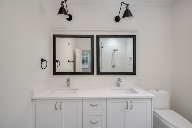 2911 Lombardy Ct, Augusta, GA 30909 - bathroom featuring double vanity, a tile shower, and crown molding