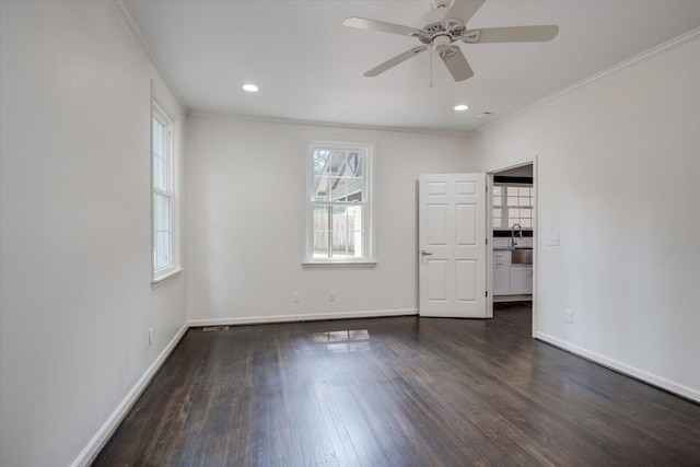 2911 Lombardy Ct, Augusta, GA 30909 - spare room featuring dark wood finished floors, ornamental molding, ceiling fan, and recessed lighting