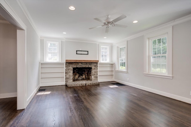 2911 Lombardy Ct, Augusta, GA 30909 - unfurnished living room with crown molding, dark wood-style floors, a fireplace with raised hearth, ceiling fan, and recessed lighting
