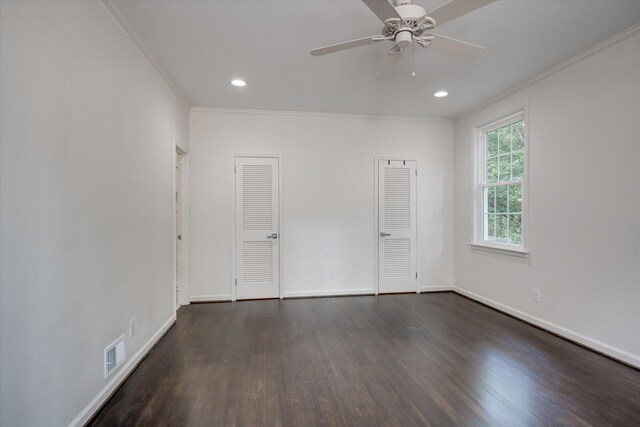 2911 Lombardy Ct, Augusta, GA 30909 - unfurnished room featuring dark wood-style flooring, crown molding, ceiling fan, and recessed lighting