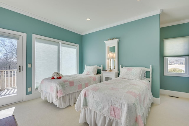 carpeted bedroom with access to exterior, crown molding, and multiple windows