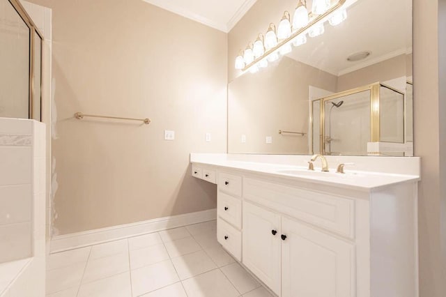 bathroom with tile patterned flooring, vanity, crown molding, and walk in shower