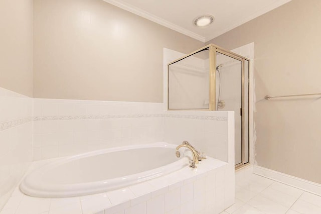 bathroom featuring independent shower and bath, tile patterned floors, and ornamental molding