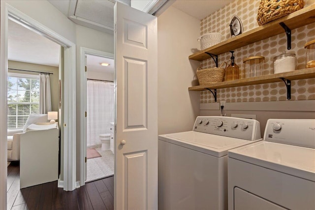 3933 High Chaparral Dr, Martinez, GA 30907 - laundry room with washer and dryer and dark wood-style floors