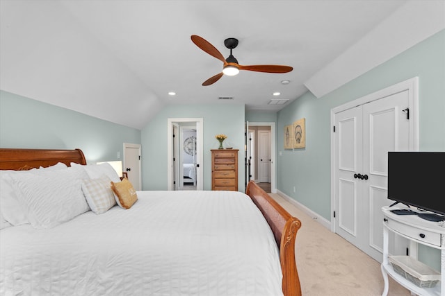carpeted bedroom featuring visible vents, a closet, baseboards, recessed lighting, and a ceiling fan