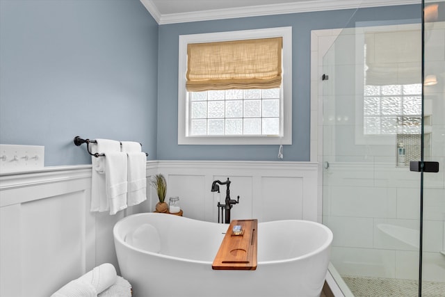 bathroom with a stall shower, ornamental molding, a wainscoted wall, and a decorative wall