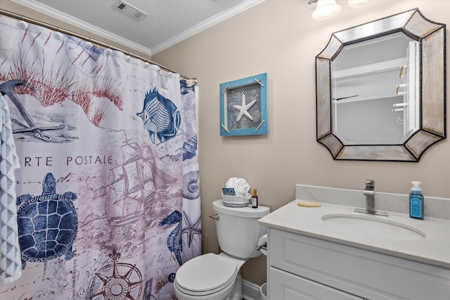bathroom featuring crown molding, visible vents, vanity, curtained shower, and toilet