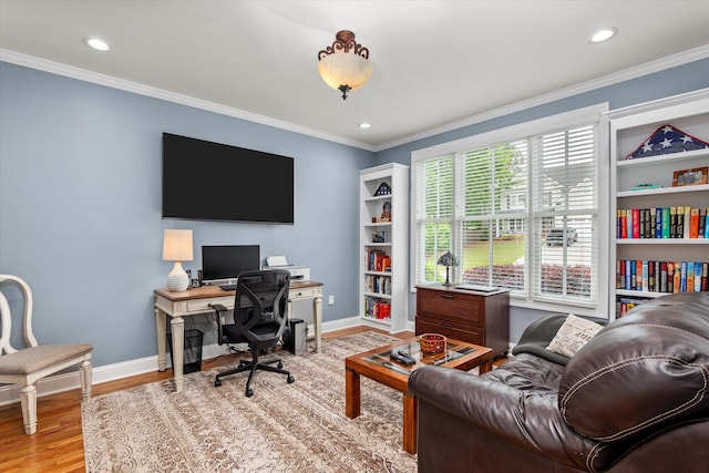 office area with crown molding, recessed lighting, baseboards, and wood finished floors