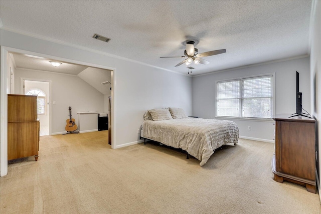 bedroom featuring baseboards, light colored carpet, visible vents, and ornamental molding