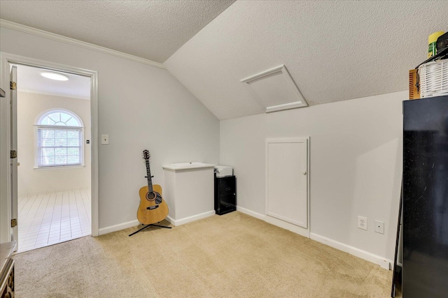 bonus room featuring a textured ceiling, baseboards, light colored carpet, attic access, and vaulted ceiling