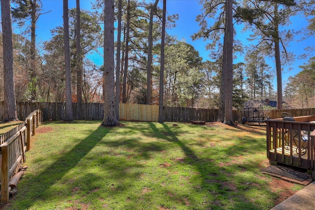 view of yard featuring a wooden deck and a fenced backyard