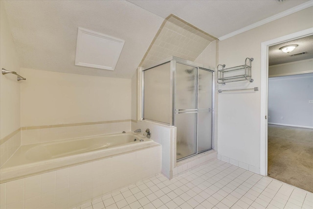 full bath featuring tile patterned floors, visible vents, ornamental molding, a shower stall, and a bath