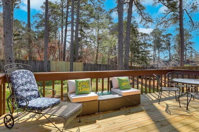 wooden deck with a fenced backyard