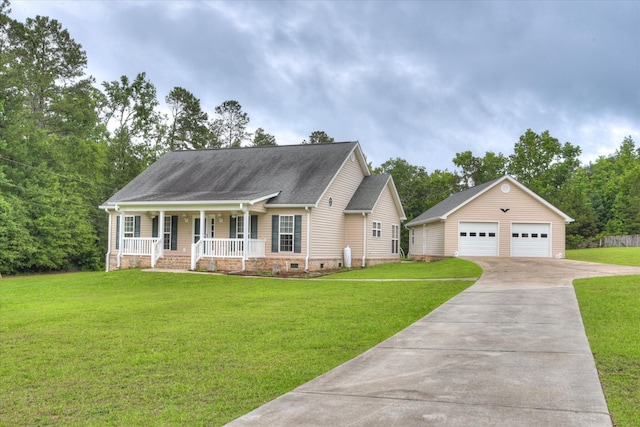 5516 Wrightsboro Rd, Grovetown, GA 30813 - view of front facade with covered porch, an outdoor structure, a detached garage, crawl space, and a front lawn