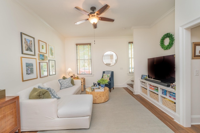 450 Railroad Ave Unit 4B, North Augusta, SC 29841 - living room with stairway, a ceiling fan, wood finished floors, and ornamental molding