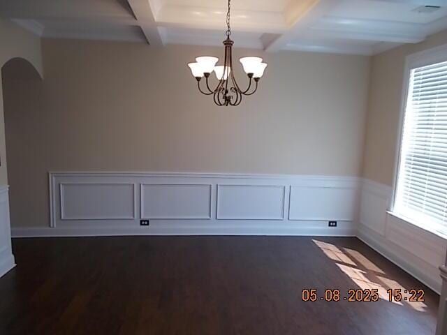 321 Firelight Dr, Grovetown, GA 30813 - spare room with coffered ceiling, arched walkways, a chandelier, beamed ceiling, and wainscoting