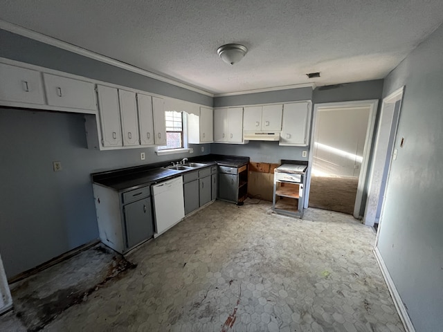 kitchen with white cabinetry, white dishwasher, a textured ceiling, crown molding, and sink