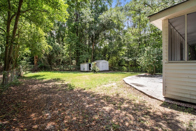 view of yard with a storage unit and a patio