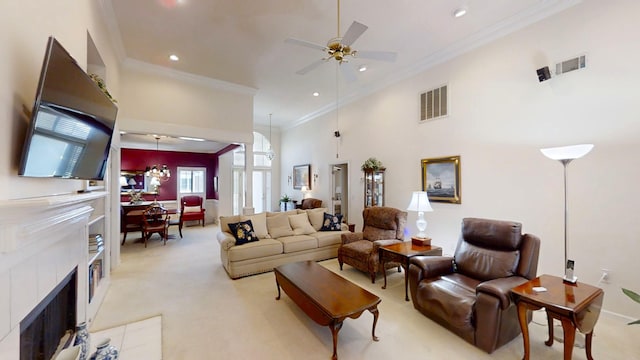 3018 Hillcreek Dr, Augusta, GA 30909 - living room featuring ornamental molding, recessed lighting, ceiling fan, light carpet, and a fireplace with flush hearth