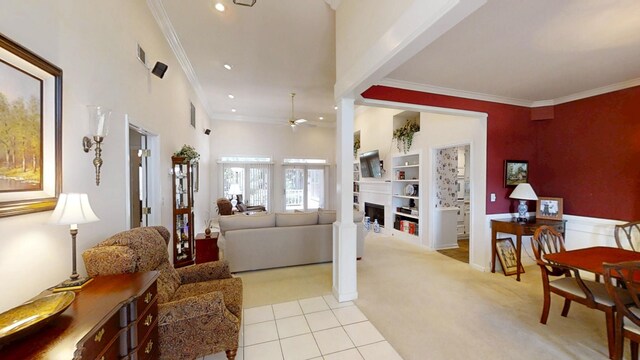 3018 Hillcreek Dr, Augusta, GA 30909 - living room with a ceiling fan, light colored carpet, ornamental molding, recessed lighting, and decorative columns