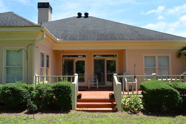 3018 Hillcreek Dr, Augusta, GA 30909 - rear view of property featuring roof with shingles, a chimney, a wooden deck, and stucco siding