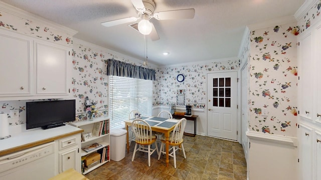 3018 Hillcreek Dr, Augusta, GA 30909 - dining room with crown molding, wallpapered walls, a ceiling fan, and stone finish floors