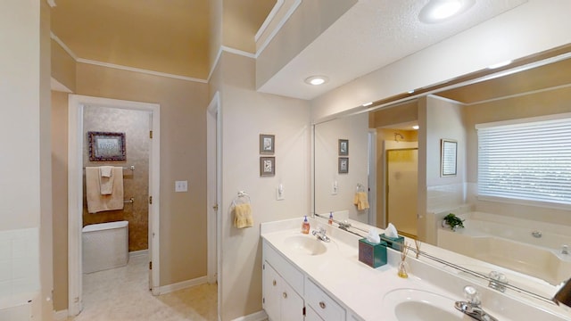 3018 Hillcreek Dr, Augusta, GA 30909 - full bathroom featuring a garden tub, double vanity, a stall shower, tile patterned flooring, and baseboards