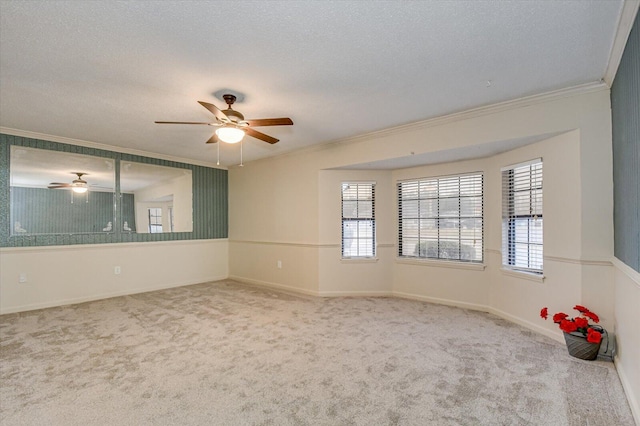 carpeted spare room featuring a textured ceiling, plenty of natural light, and ornamental molding