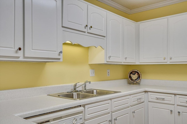 kitchen with dishwashing machine, a sink, light countertops, white cabinets, and crown molding