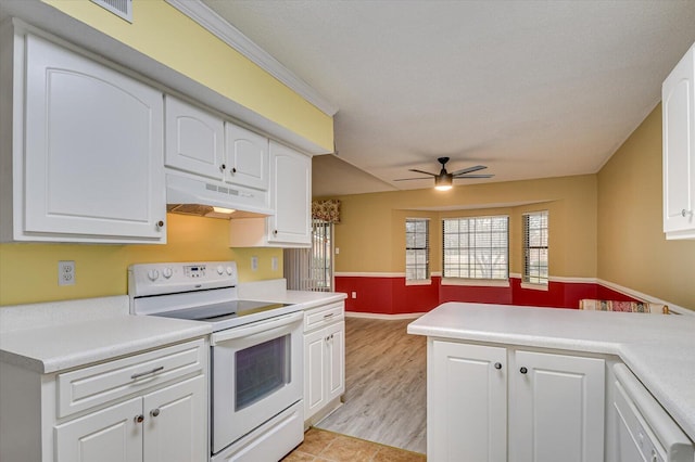 kitchen with under cabinet range hood, white appliances, a peninsula, and white cabinets