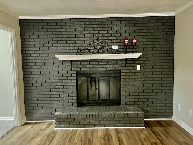 141 Glenora Dr, Martinez, GA 30907 - details featuring a brick fireplace, baseboards, ornamental molding, and wood finished floors