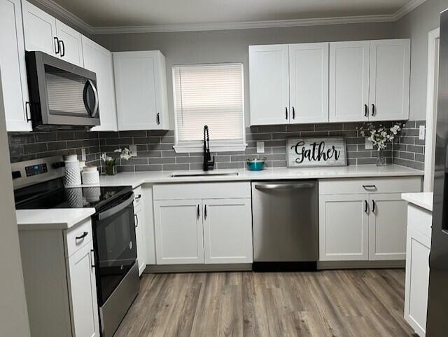 141 Glenora Dr, Martinez, GA 30907 - kitchen with a sink, ornamental molding, light wood-style flooring, and appliances with stainless steel finishes