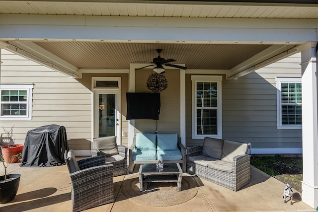 view of patio / terrace featuring ceiling fan and an outdoor hangout area