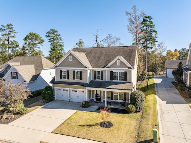 craftsman-style house featuring a garage, covered porch, and a front lawn