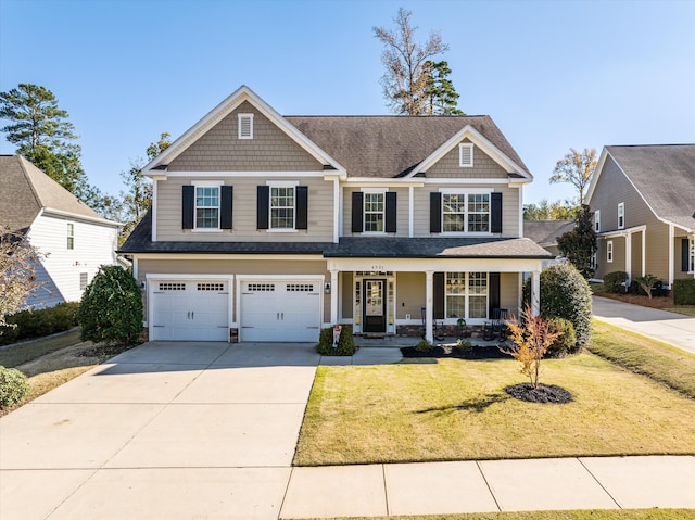 craftsman inspired home with a porch, a garage, and a front yard