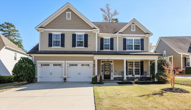 craftsman-style home with a garage, a front yard, and covered porch