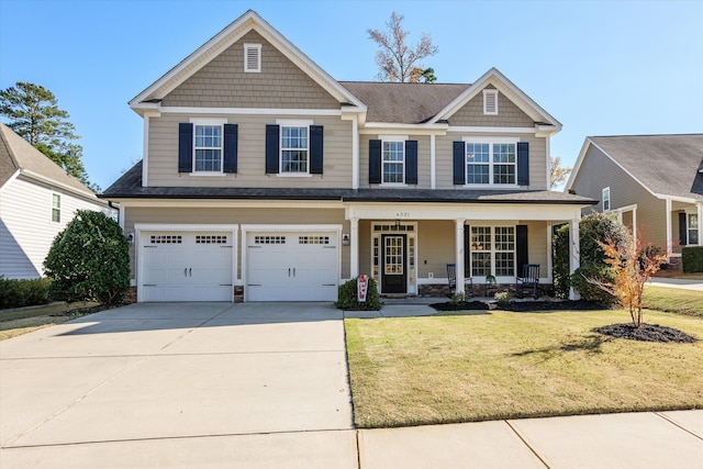 craftsman house with a garage, covered porch, and a front lawn