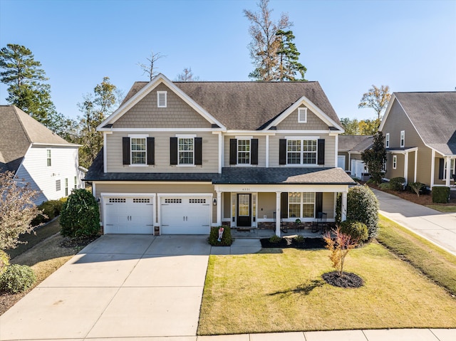 craftsman-style house featuring a porch, a garage, and a front lawn