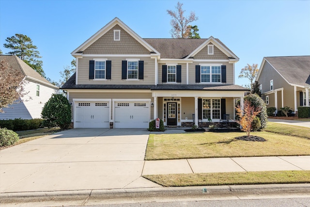 craftsman-style home with a garage, a front yard, and covered porch