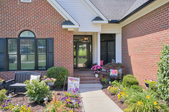 view of exterior entry featuring brick siding and a shingled roof