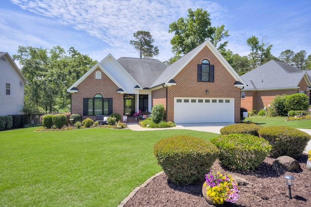 view of front facade with brick siding, an attached garage, a front yard, and driveway