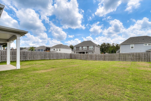 view of yard with a fenced backyard and a residential view