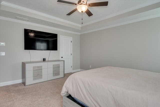 bedroom featuring baseboards, ornamental molding, carpet, and visible vents