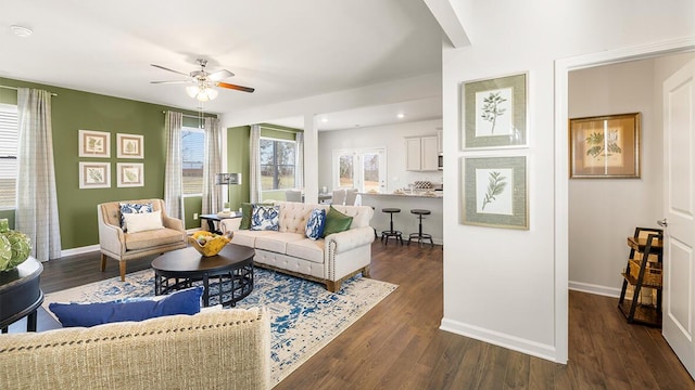 living room with ceiling fan, baseboards, dark wood-style flooring, and recessed lighting