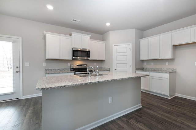 kitchen featuring stainless steel appliances, a sink, visible vents, white cabinetry, and dark wood finished floors