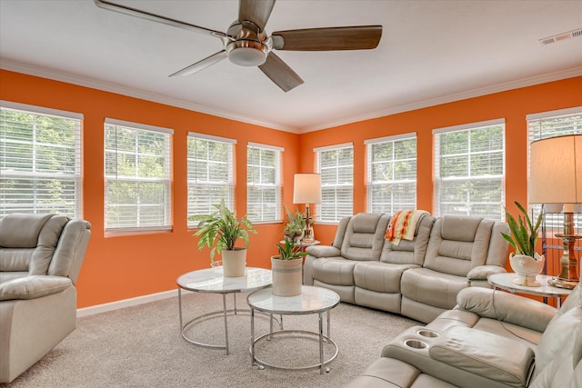 101 Hartwell Dr, Aiken, SC 29803 - living area featuring a ceiling fan, plenty of natural light, carpet flooring, crown molding, and baseboards