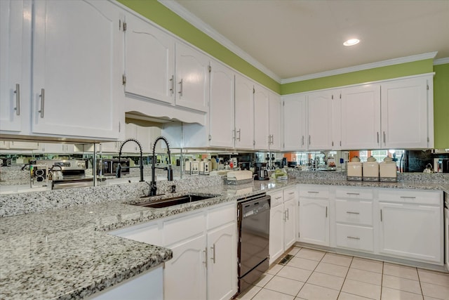101 Hartwell Dr, Aiken, SC 29803 - kitchen with black dishwasher, a sink, ornamental molding, white cabinetry, and light tile patterned flooring