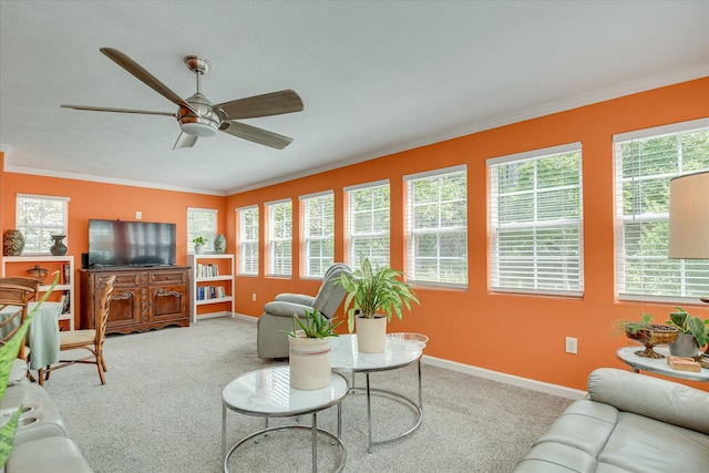 101 Hartwell Dr, Aiken, SC 29803 - carpeted living area featuring ornamental molding, ceiling fan, and baseboards