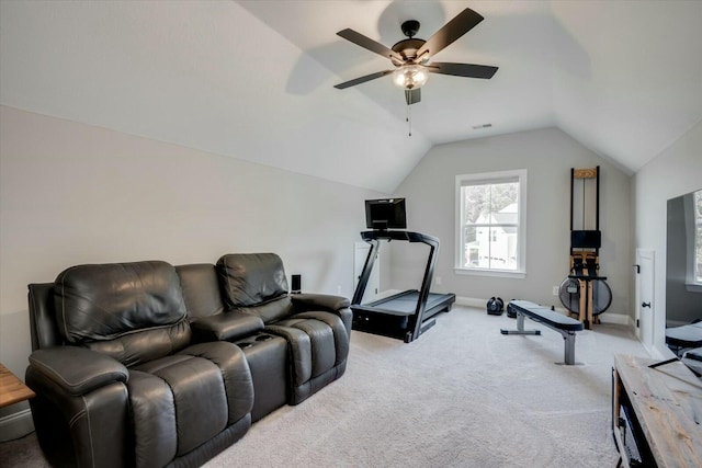 workout room with light carpet, visible vents, baseboards, a ceiling fan, and vaulted ceiling